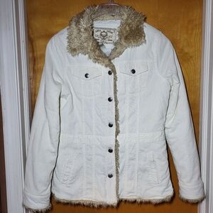 Roxy Vintage Off-White Corduroy And Tan Faux Fur-Lined Button Down Jacket